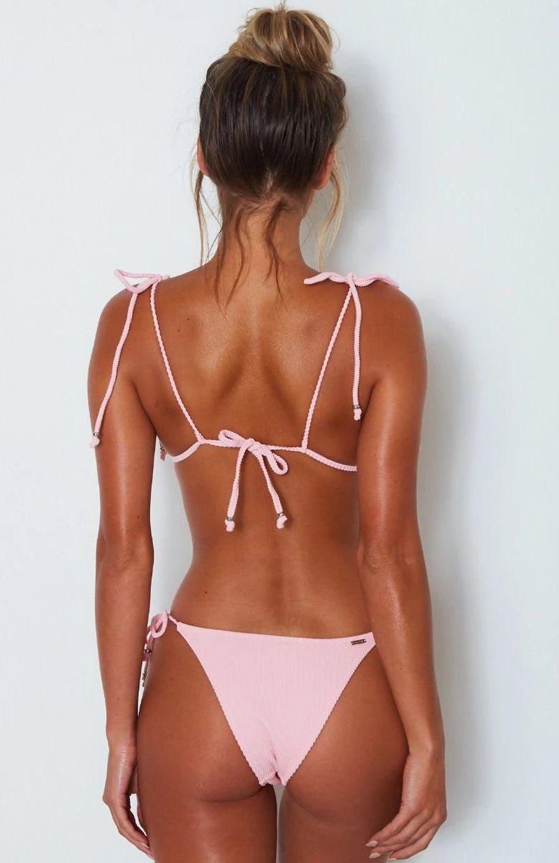 Sexy Textured Tie Shoulder Bikini Set - Push Up Brazilian Cheeky Swimwear