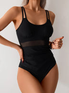 Mesh Insert One Piece Swimsuit Adjustable Strap Monokini