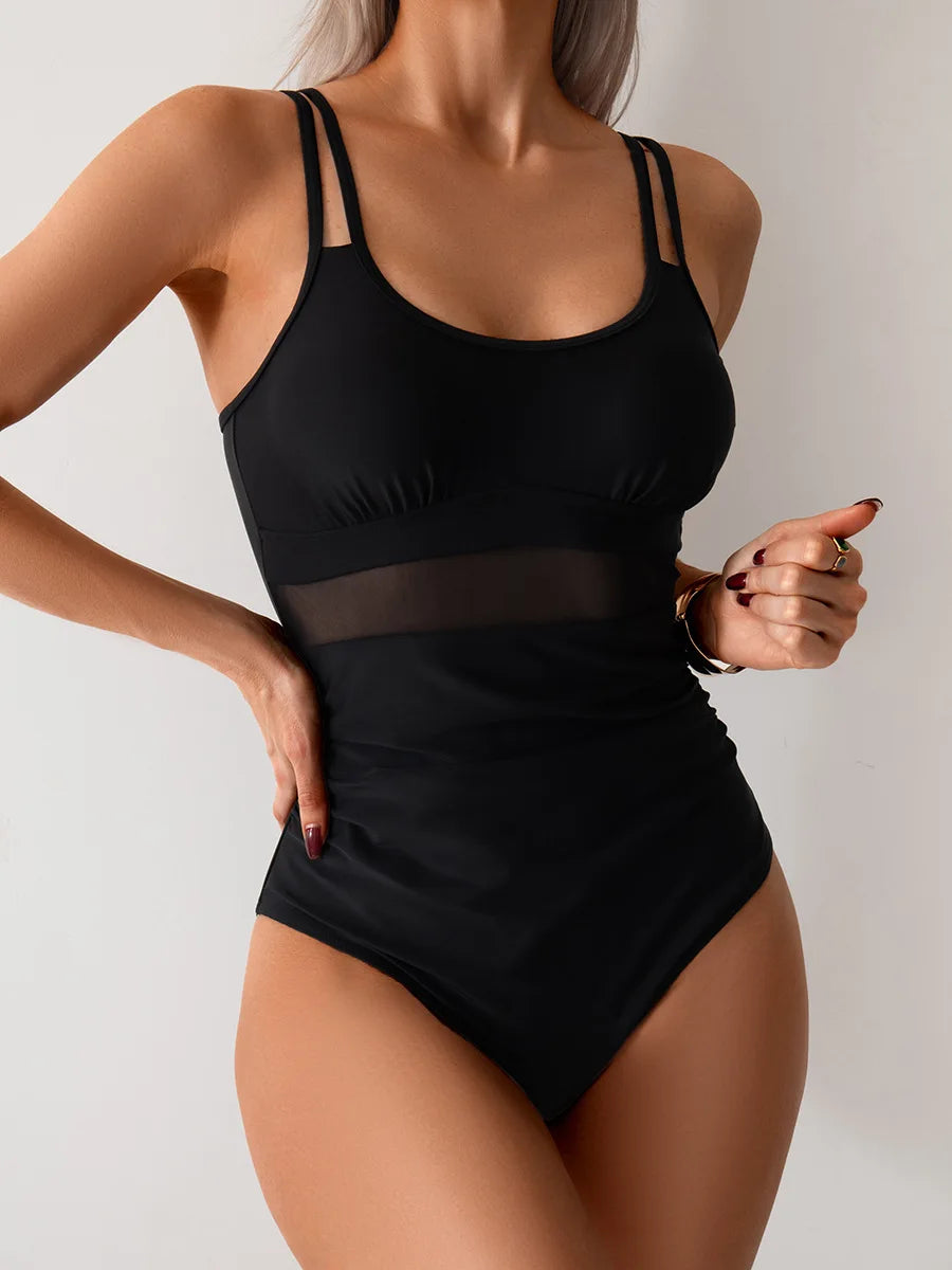Mesh Insert One Piece Swimsuit Adjustable Strap Monokini