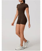 Short Sleeve Backless Yoga Jumpsuit Women Zip Front Fitness Romper