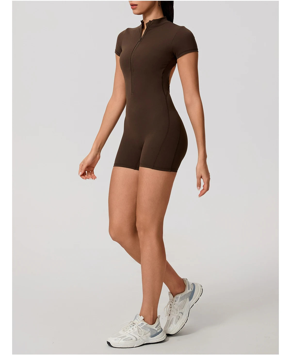 Short Sleeve Backless Yoga Jumpsuit Women Zip Front Fitness Romper