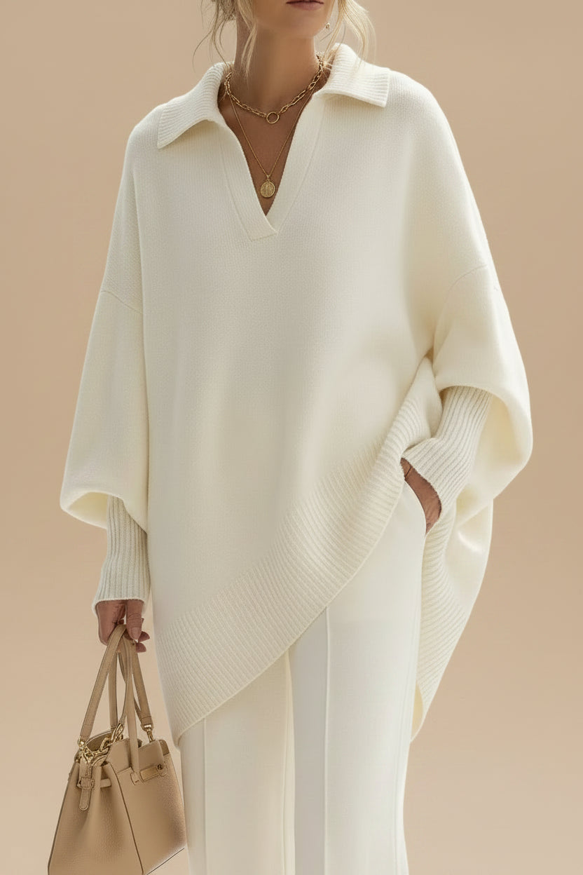 Suéter de Tricô Oversized com Gola Polo e Barra Assimétrica