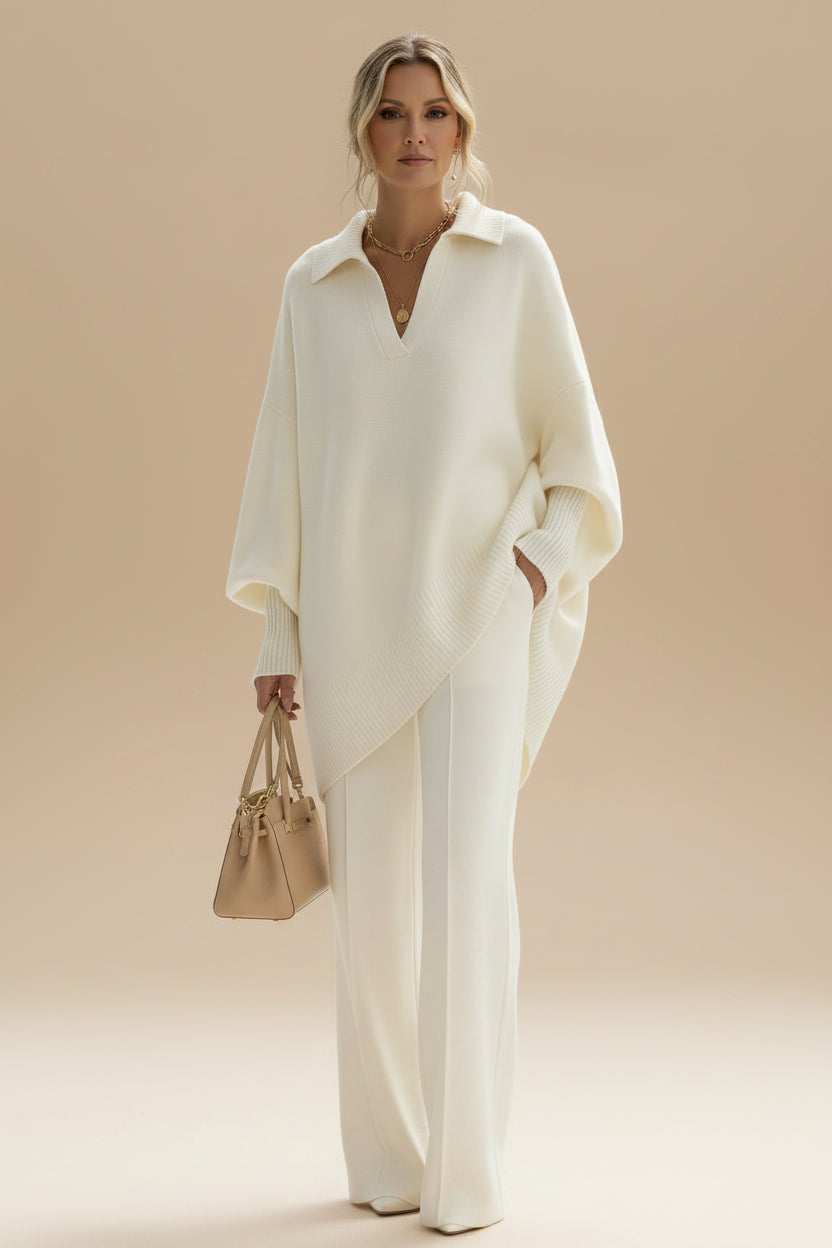 Suéter de Tricô Oversized com Gola Polo e Barra Assimétrica