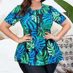 Plus Size Tropical Leaf Tankini Set High Waist Swimwear
