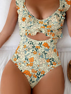 Floral Ruffle One Piece Swimsuit Cut Out Monokini