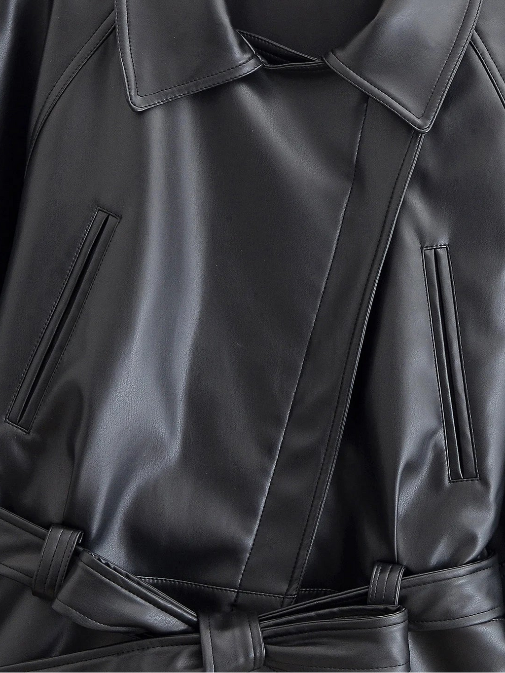 Jaqueta Trench Coat Casual em Couro PU com Cinto