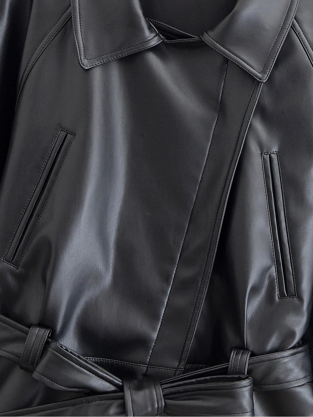 Jaqueta Trench Coat Casual em Couro PU com Cinto