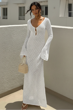 Knitted Hollow Out Long Sleeve Beach Cover Up Dress