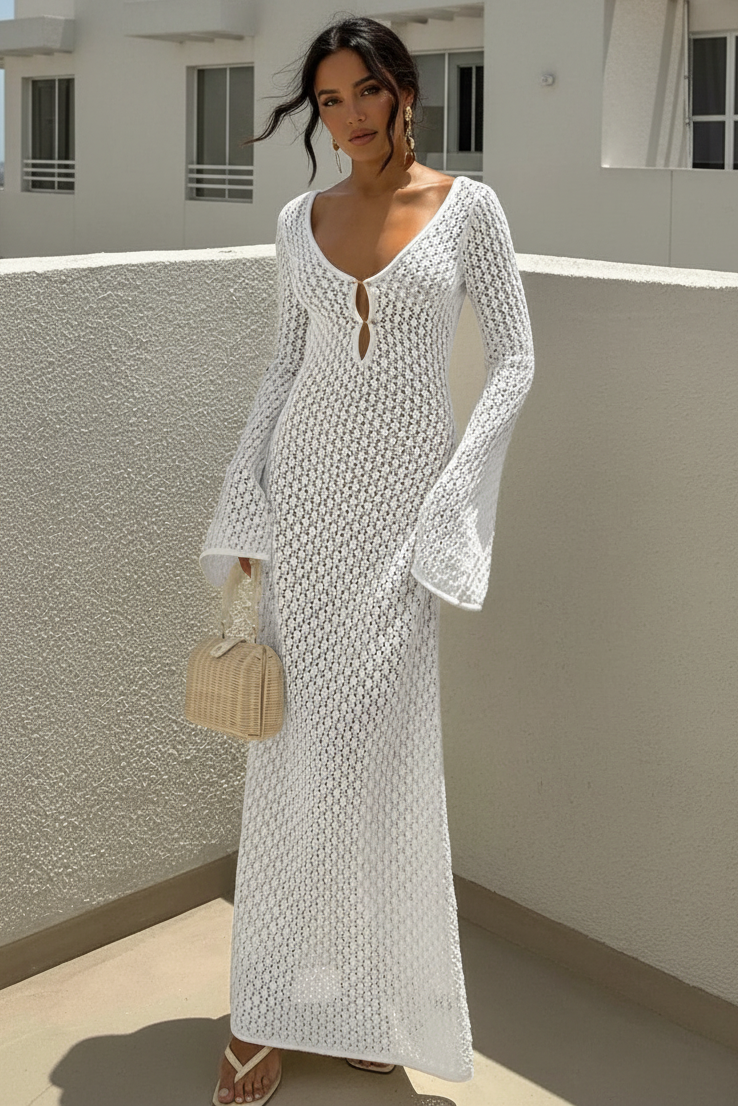 Knitted Hollow Out Long Sleeve Beach Cover Up Dress
