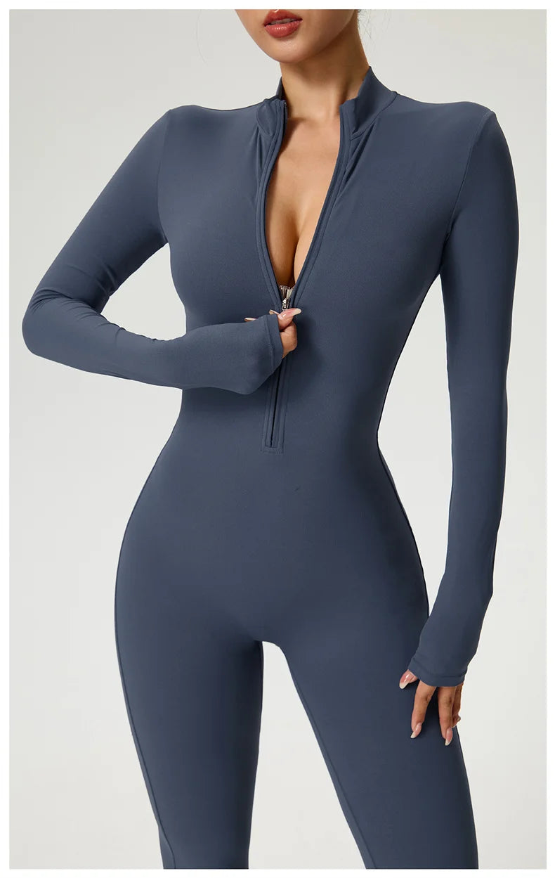 Long Sleeve Zip Front Jumpsuit Women High Neck Flare Leg Stretch Catsuit