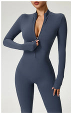 Long Sleeve Zip Front Jumpsuit Women High Neck Flare Leg Stretch Catsuit