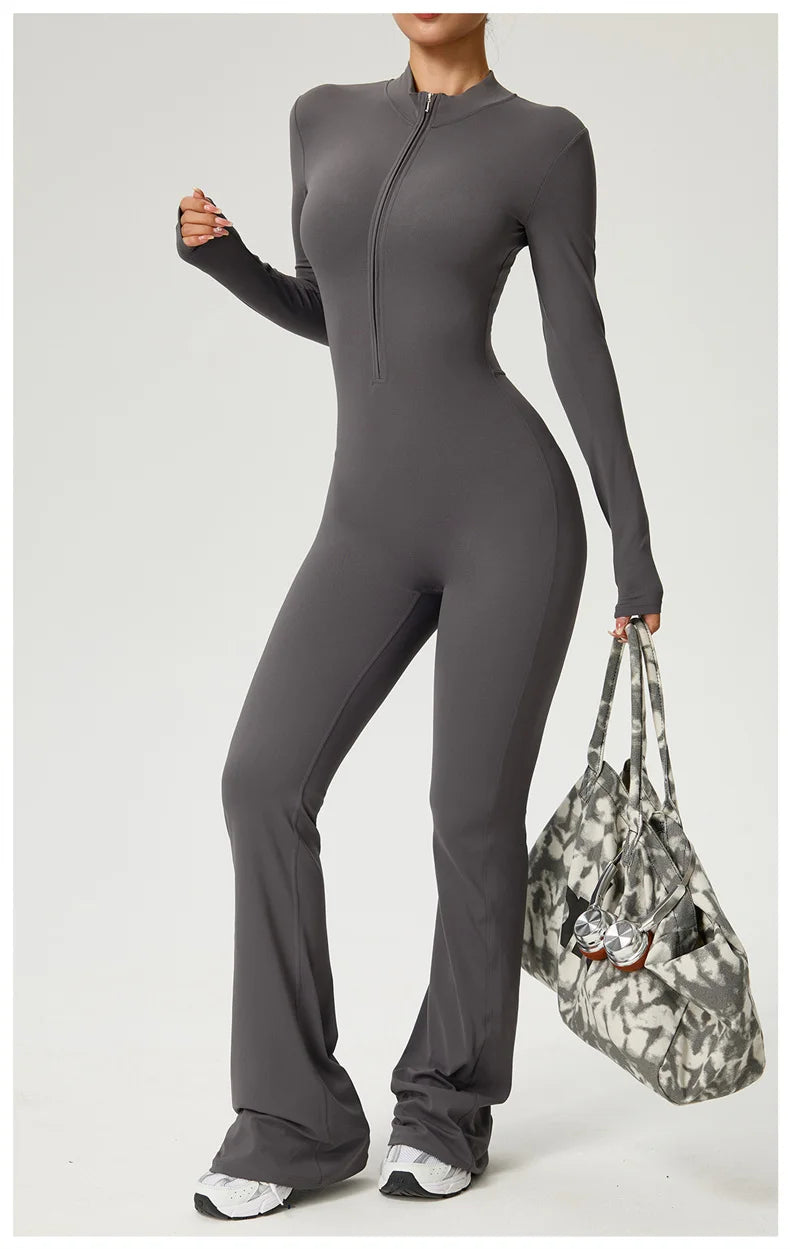 Long Sleeve Zip Front Jumpsuit Women High Neck Flare Leg Stretch Catsuit