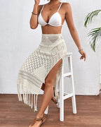 Knitted Tassel Sarong Skirt High Slit Cover Up