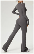 Long Sleeve Zip Front Jumpsuit Women High Neck Flare Leg Stretch Catsuit