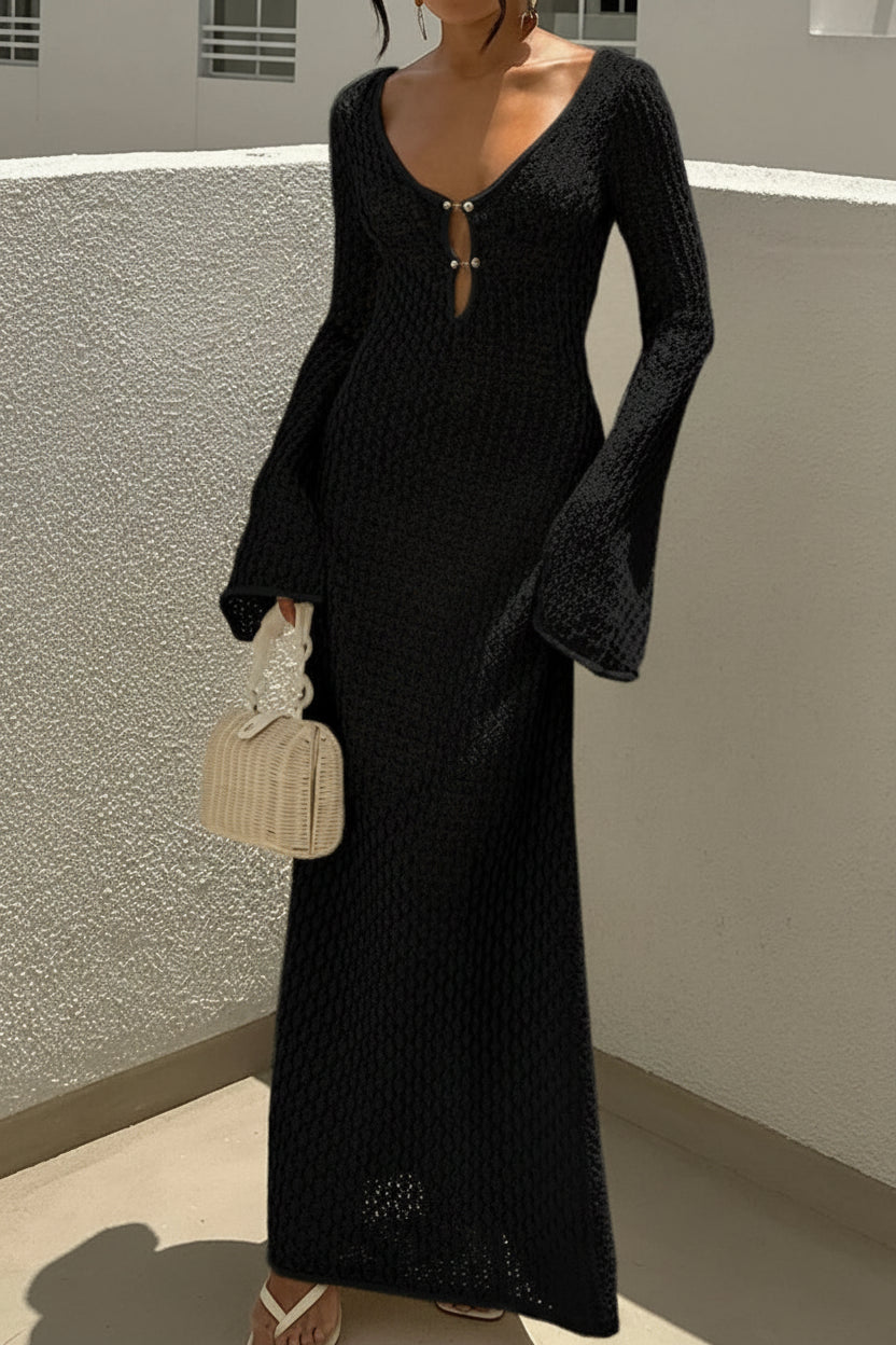 Knitted Hollow Out Long Sleeve Beach Cover Up Dress