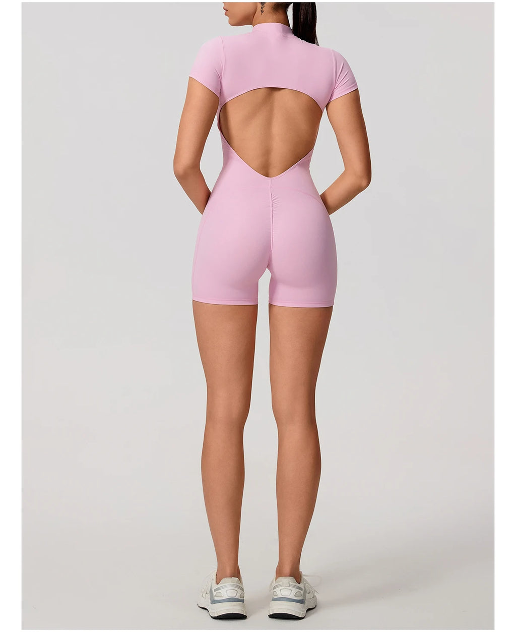 Short Sleeve Backless Yoga Jumpsuit Women Zip Front Fitness Romper