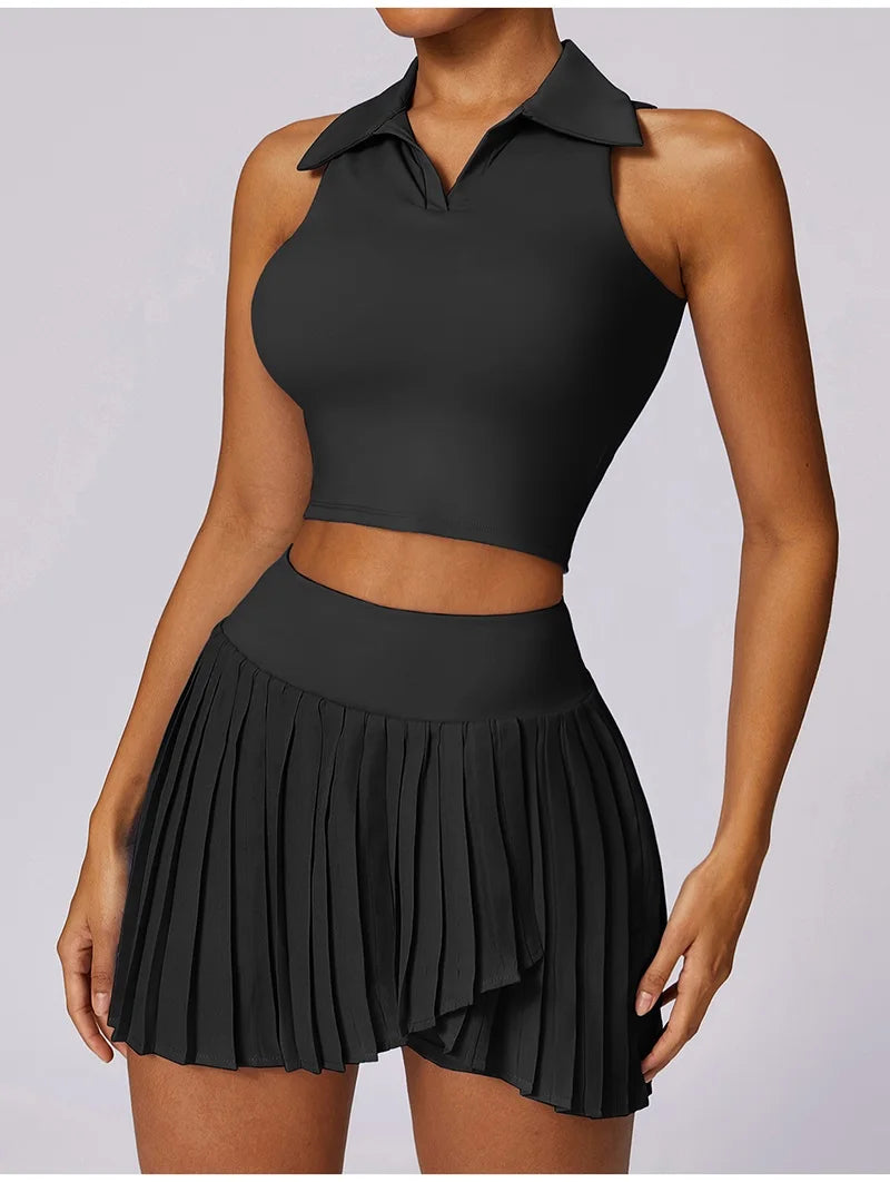Tennis Skirt Set High Waist Pleated Polo Crop