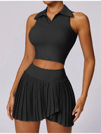 Tennis Skirt Set High Waist Pleated Polo Crop
