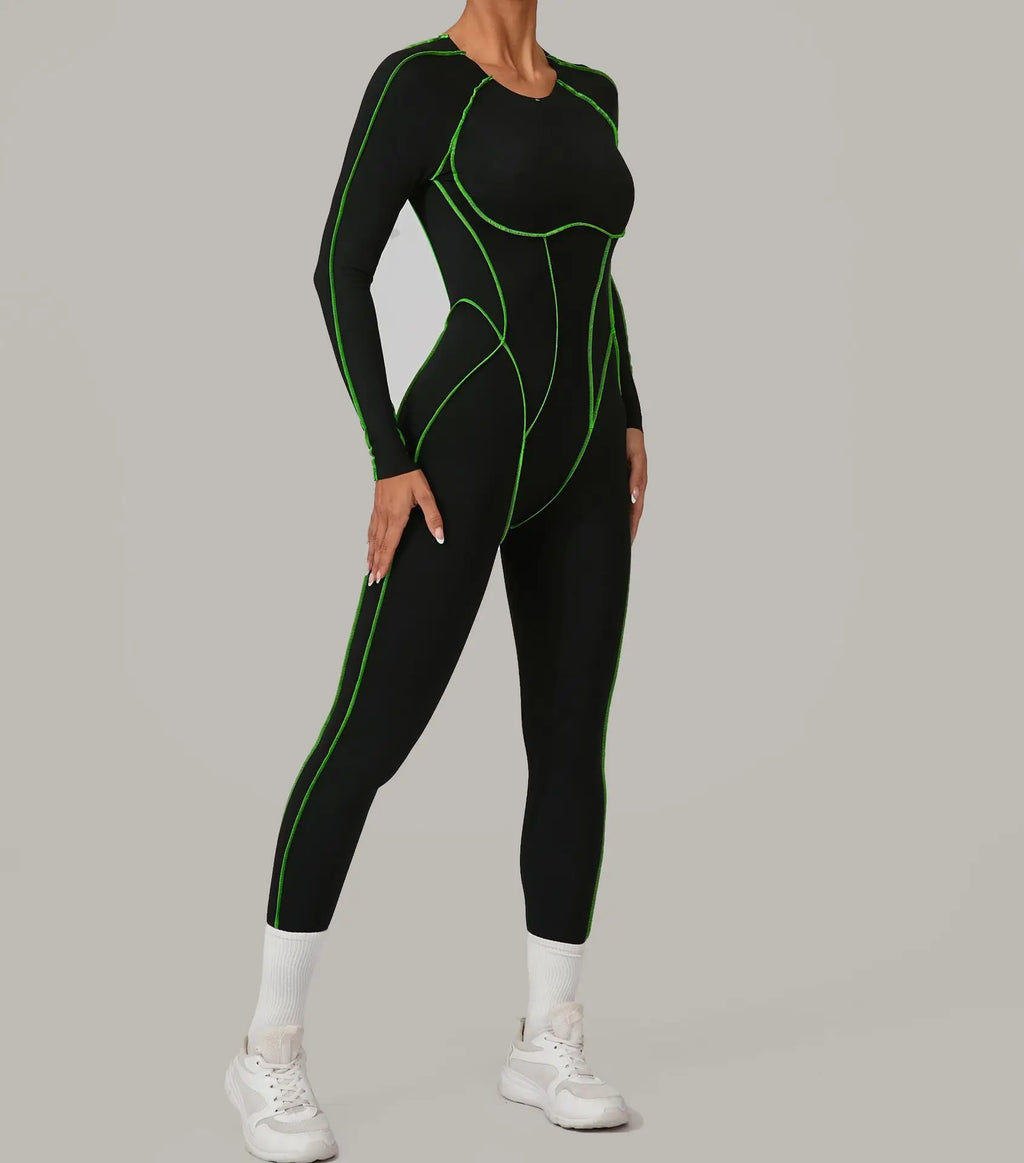 Long Sleeve Backless Jumpsuit Women Hollow Out Contrast Trim Sculpting Catsuit