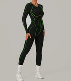Long Sleeve Backless Jumpsuit Women Hollow Out Contrast Trim Sculpting Catsuit