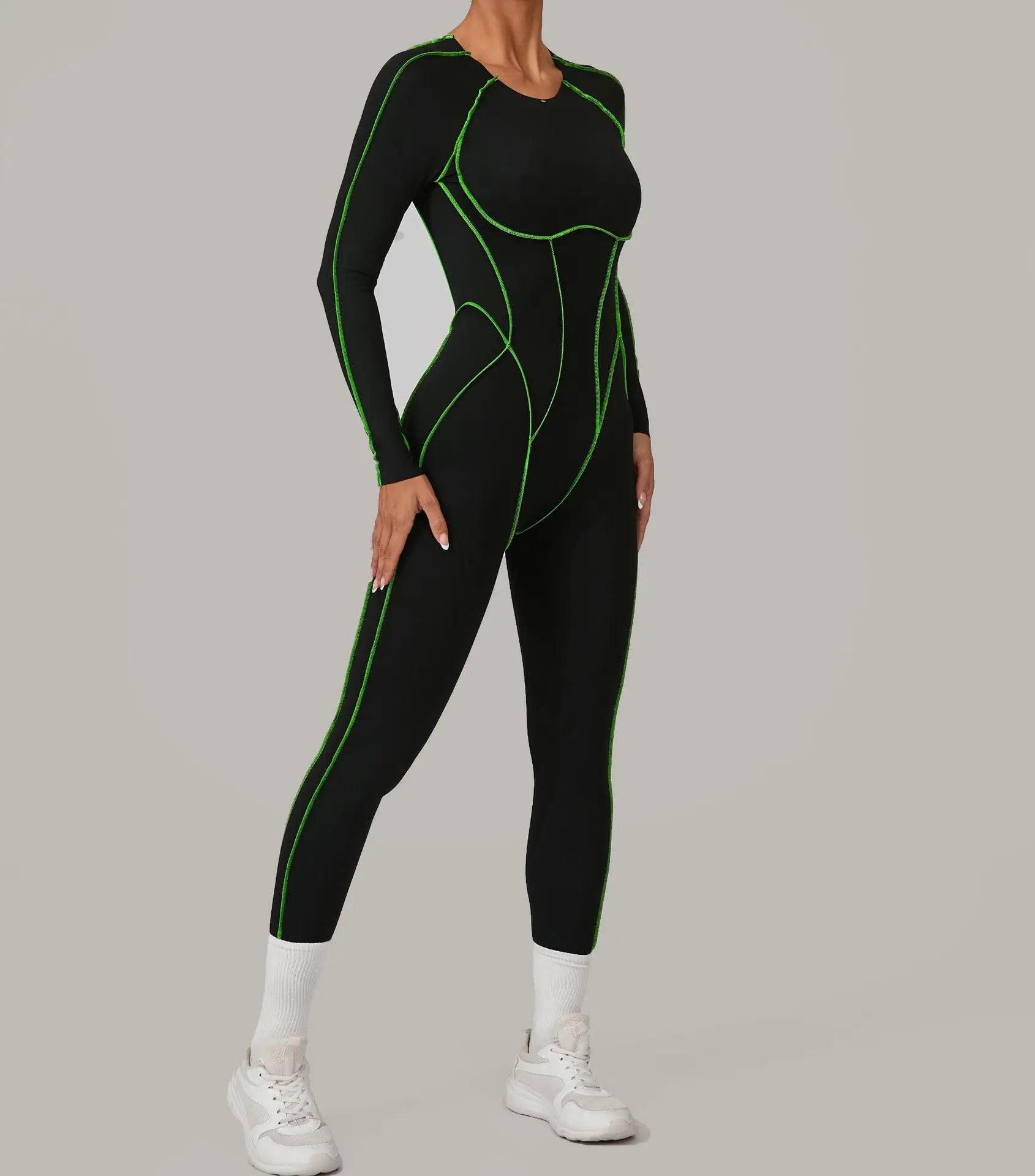 Long Sleeve Backless Jumpsuit Women Hollow Out Contrast Trim Sculpting Catsuit