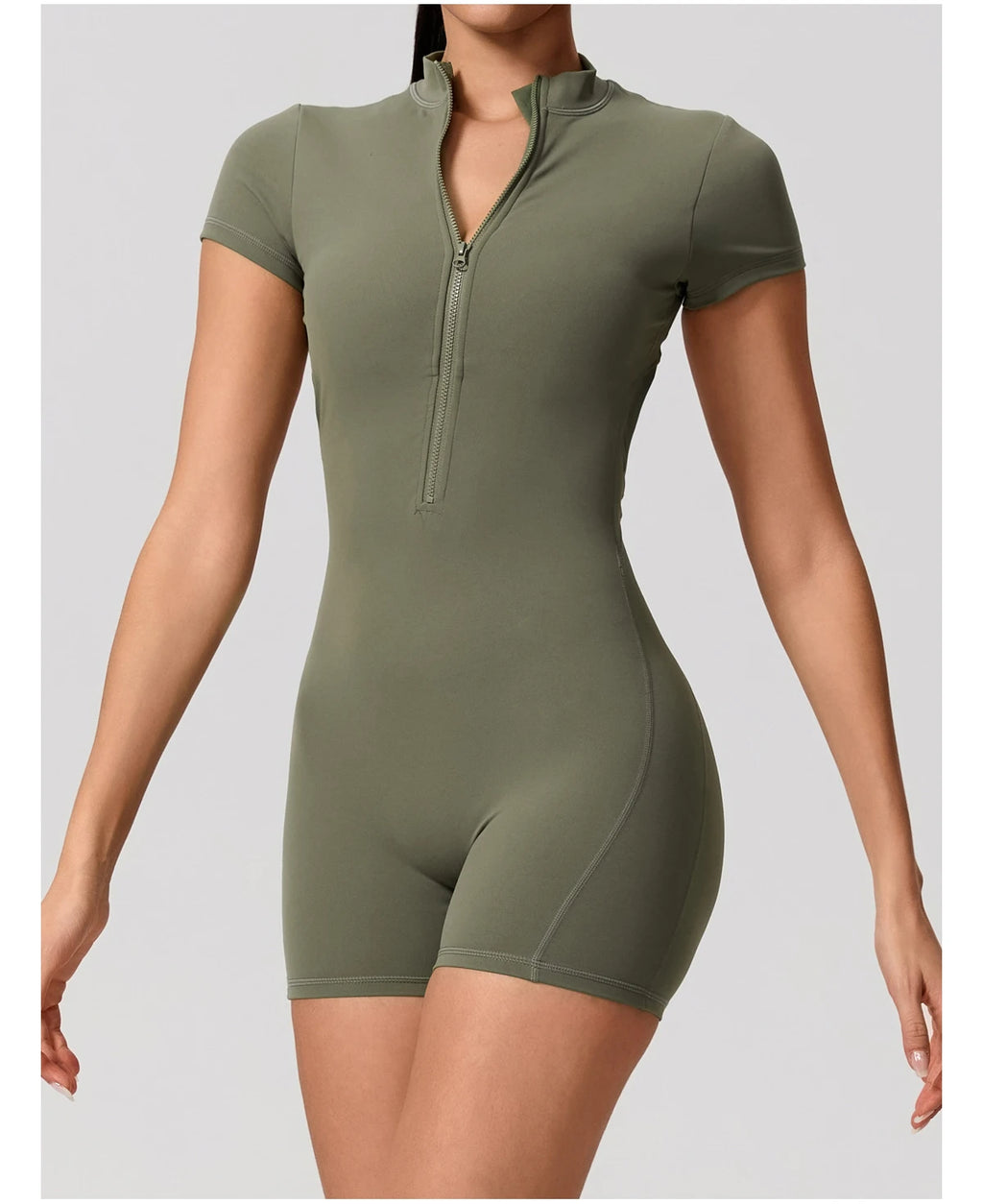 Short Sleeve Backless Yoga Jumpsuit Women Zip Front Fitness Romper