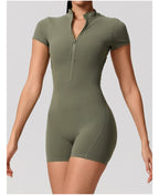 Short Sleeve Backless Yoga Jumpsuit Women Zip Front Fitness Romper