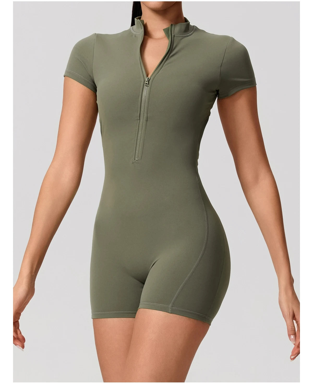 Short Sleeve Backless Yoga Jumpsuit Women Zip Front Fitness Romper