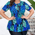 Plus Size Tropical Leaf Tankini Set High Waist Swimwear