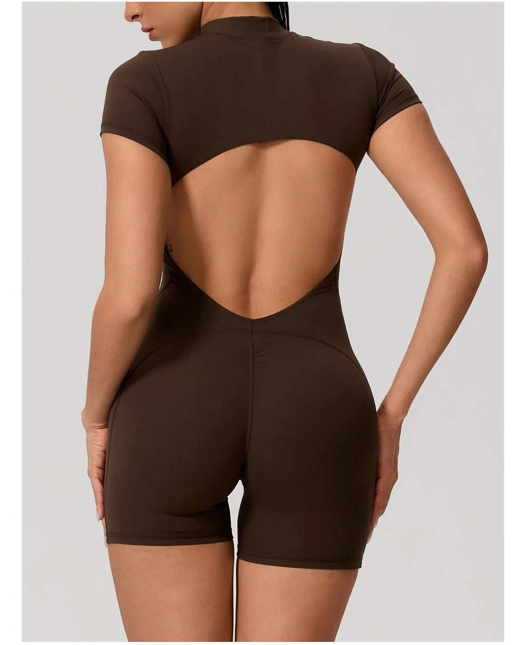 Short Sleeve Backless Yoga Jumpsuit Women Zip Front Fitness Romper