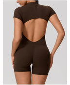 Short Sleeve Backless Yoga Jumpsuit Women Zip Front Fitness Romper