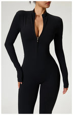 Long Sleeve Zip Front Jumpsuit Women High Neck Flare Leg Stretch Catsuit
