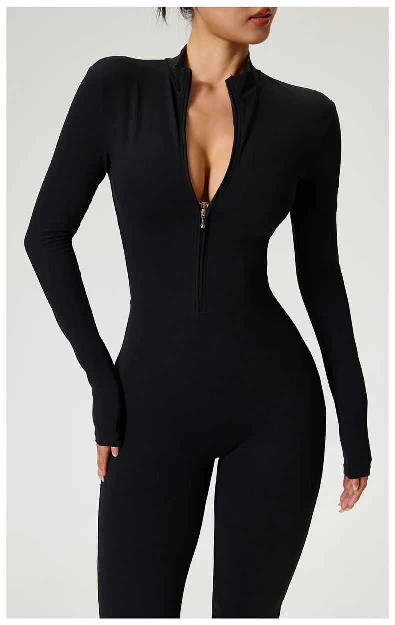 Long Sleeve Zip Front Jumpsuit Women High Neck Flare Leg Stretch Catsuit