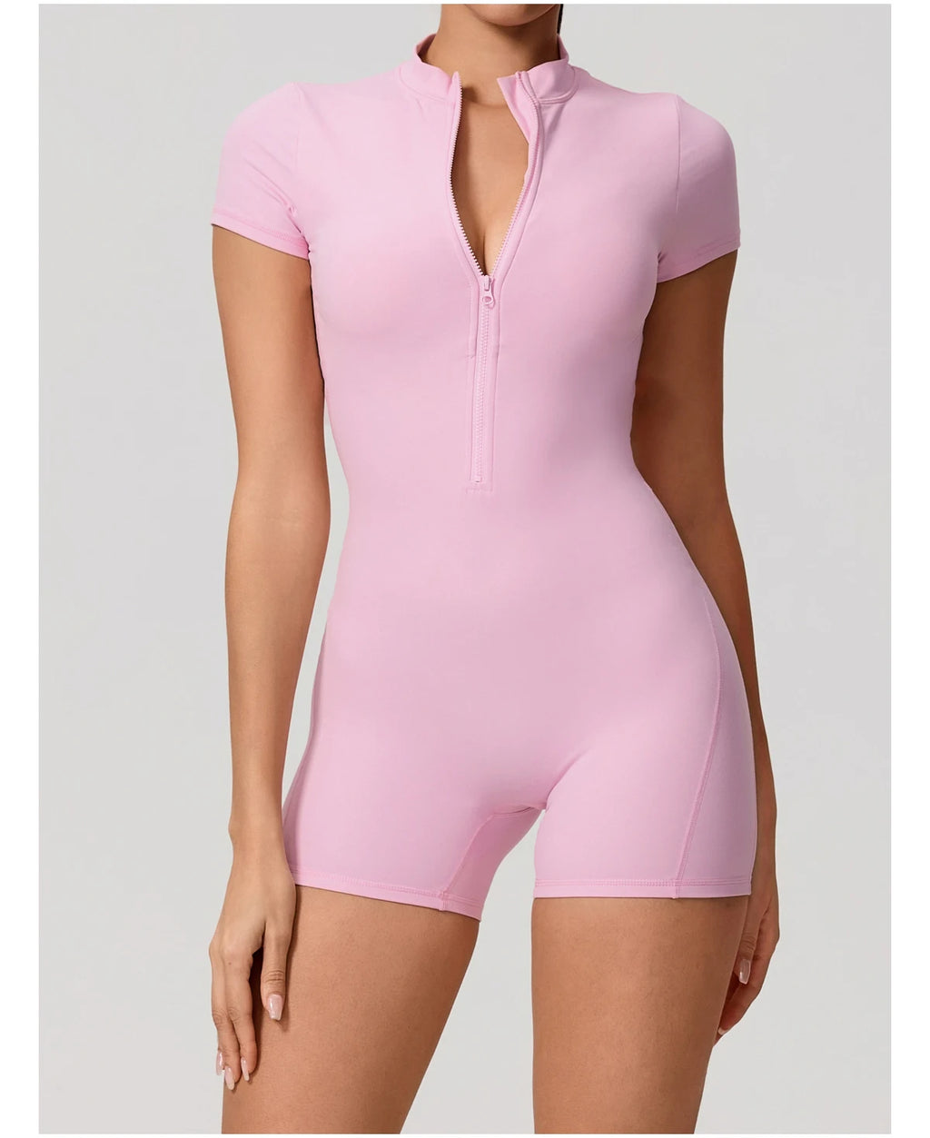 Short Sleeve Backless Yoga Jumpsuit Women Zip Front Fitness Romper