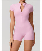 Short Sleeve Backless Yoga Jumpsuit Women Zip Front Fitness Romper