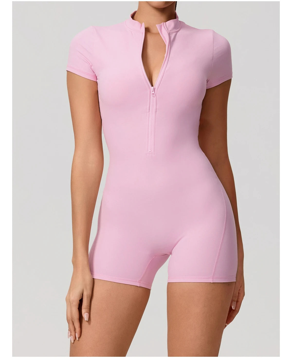 Short Sleeve Backless Yoga Jumpsuit Women Zip Front Fitness Romper