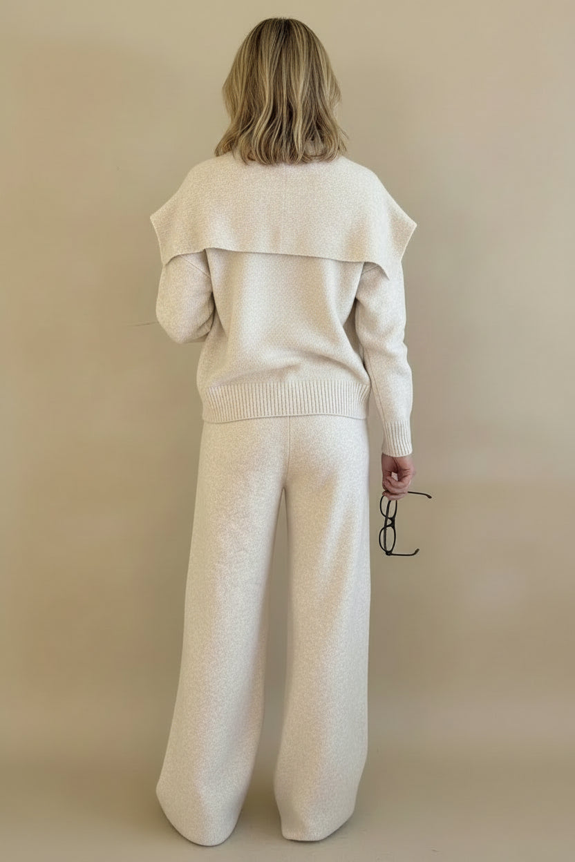 Conjunto de Tricô Premium 3 Peças Blusa Decote V, Calça Wide Leg e Capa