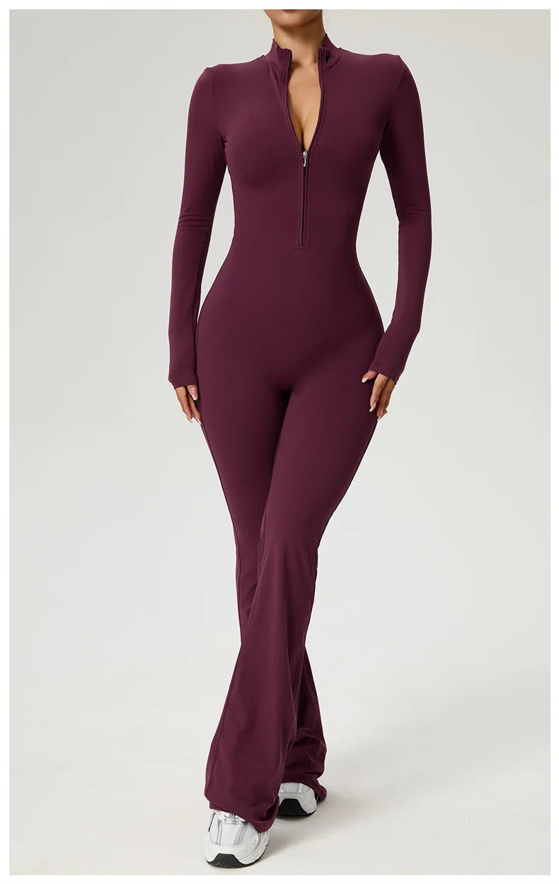 Long Sleeve Zip Front Jumpsuit Women High Neck Flare Leg Stretch Catsuit