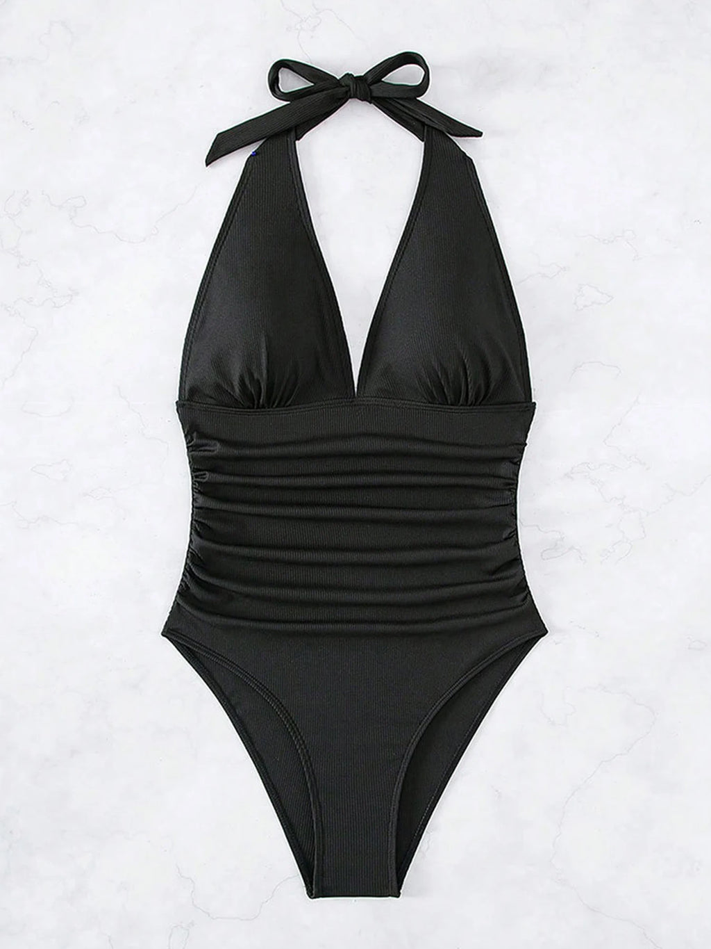 Halter Ruched One Piece Swimsuit Deep V Neck Monokini