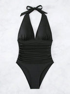 Halter Ruched One Piece Swimsuit Deep V Neck Monokini