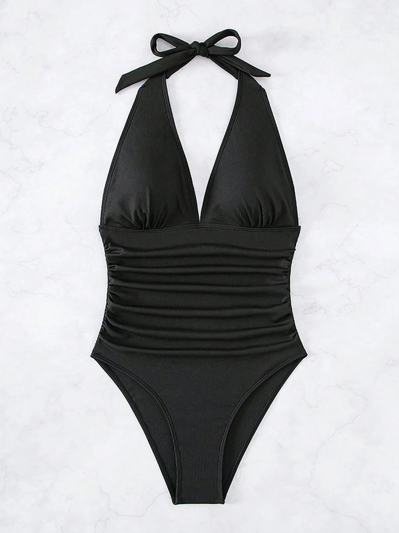 Halter Ruched One Piece Swimsuit Deep V Neck Monokini