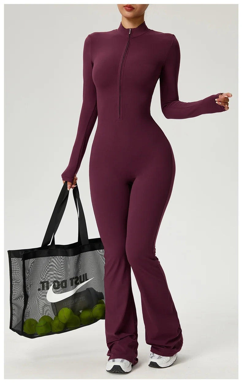 Long Sleeve Zip Front Jumpsuit Women High Neck Flare Leg Stretch Catsuit