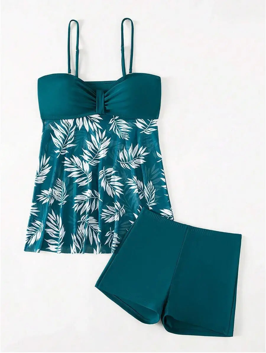 Ruched Bandeau Tankini Set Mesh Skirt Swimwear