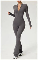 Long Sleeve Zip Front Jumpsuit Women High Neck Flare Leg Stretch Catsuit