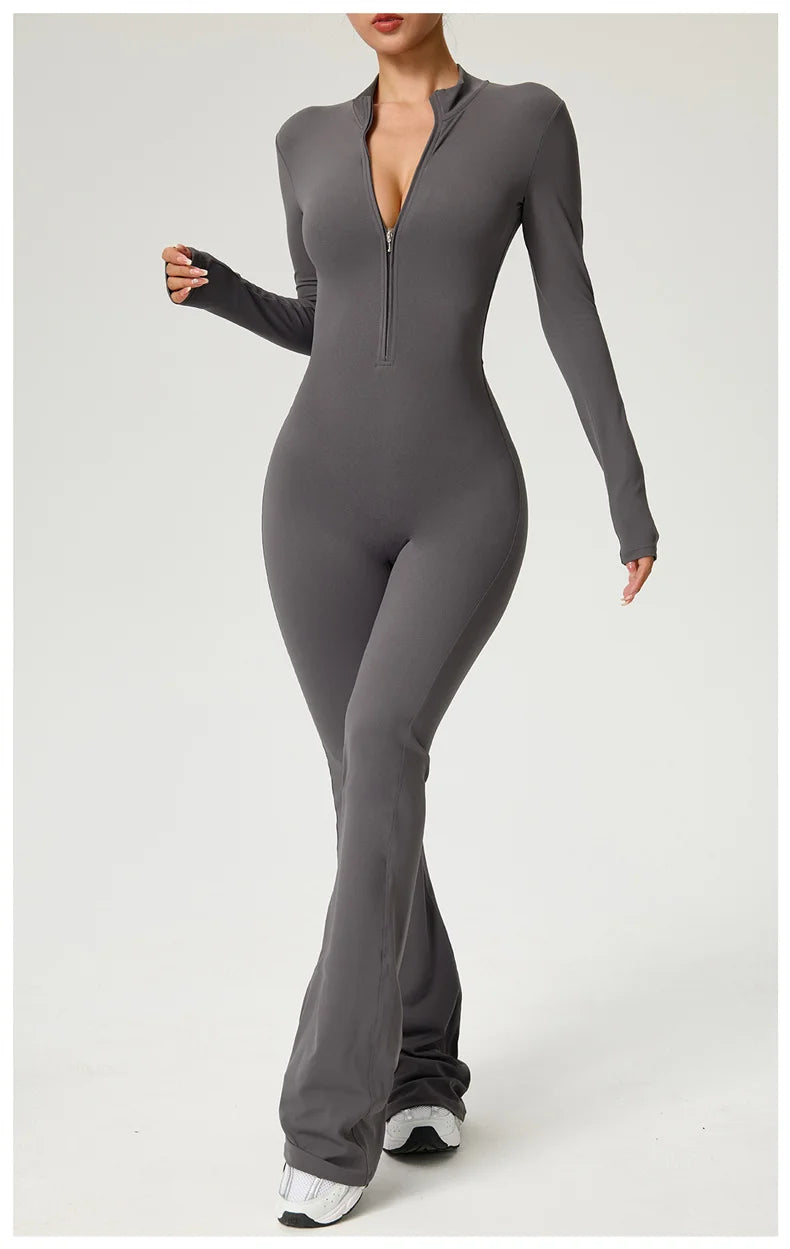 Long Sleeve Zip Front Jumpsuit Women High Neck Flare Leg Stretch Catsuit