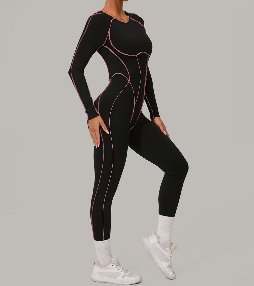 Long Sleeve Backless Jumpsuit Women Hollow Out Contrast Trim Sculpting Catsuit