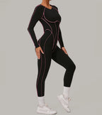 Long Sleeve Backless Jumpsuit Women Hollow Out Contrast Trim Sculpting Catsuit