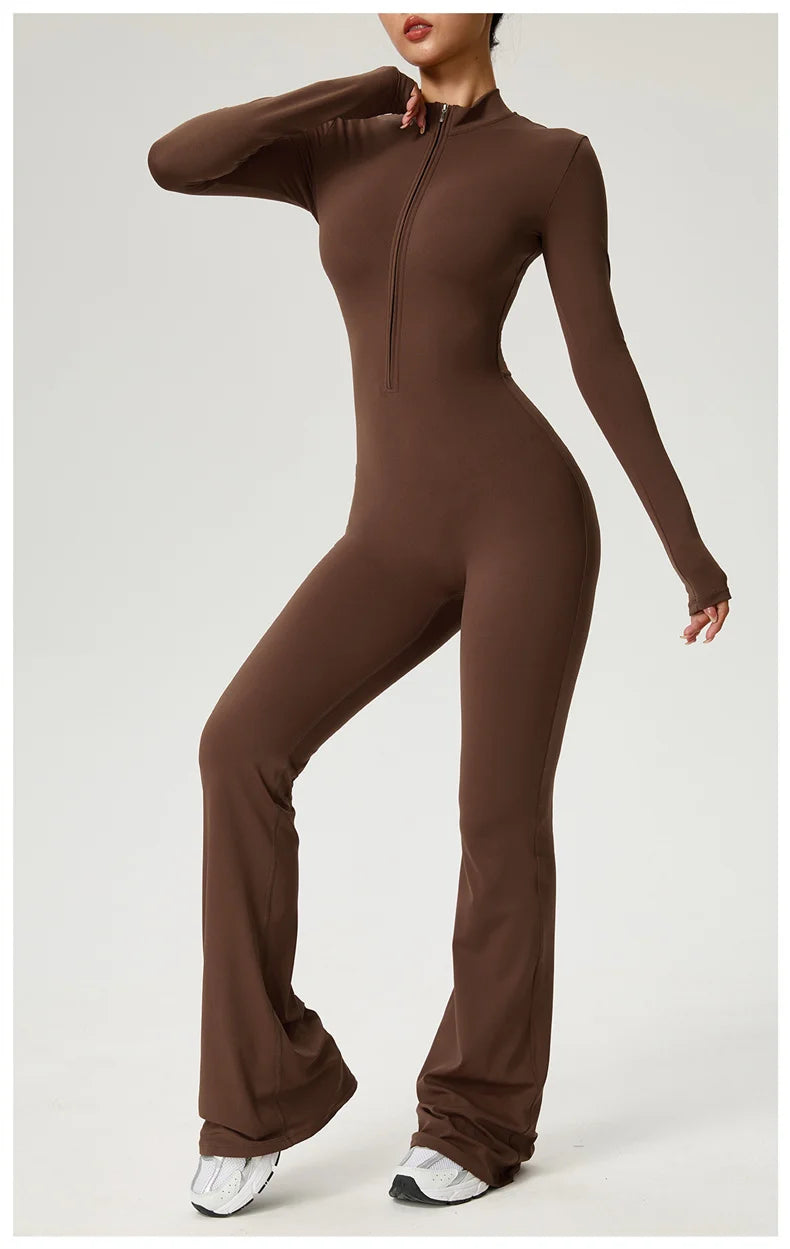 Long Sleeve Zip Front Jumpsuit Women High Neck Flare Leg Stretch Catsuit