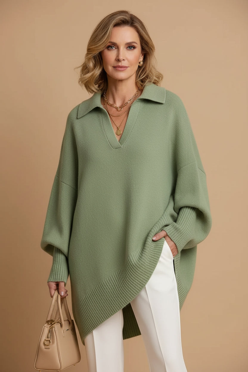 Suéter de Tricô Oversized com Gola Polo e Barra Assimétrica