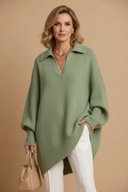 Suéter de Tricô Oversized com Gola Polo e Barra Assimétrica